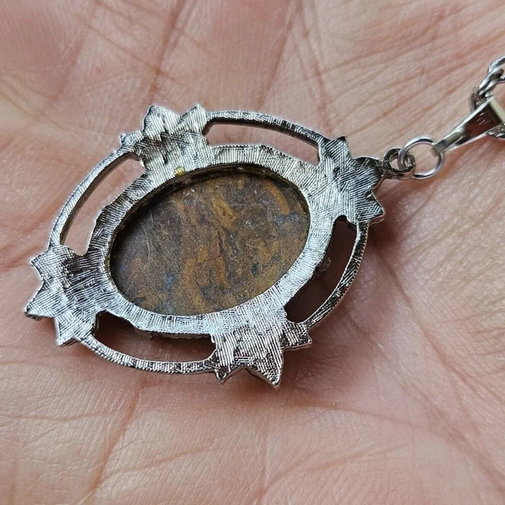Vintage Pendant Women Necklace Brown Stone Silver Tone Chain Fashion Jewelry - Picture 4 of 12